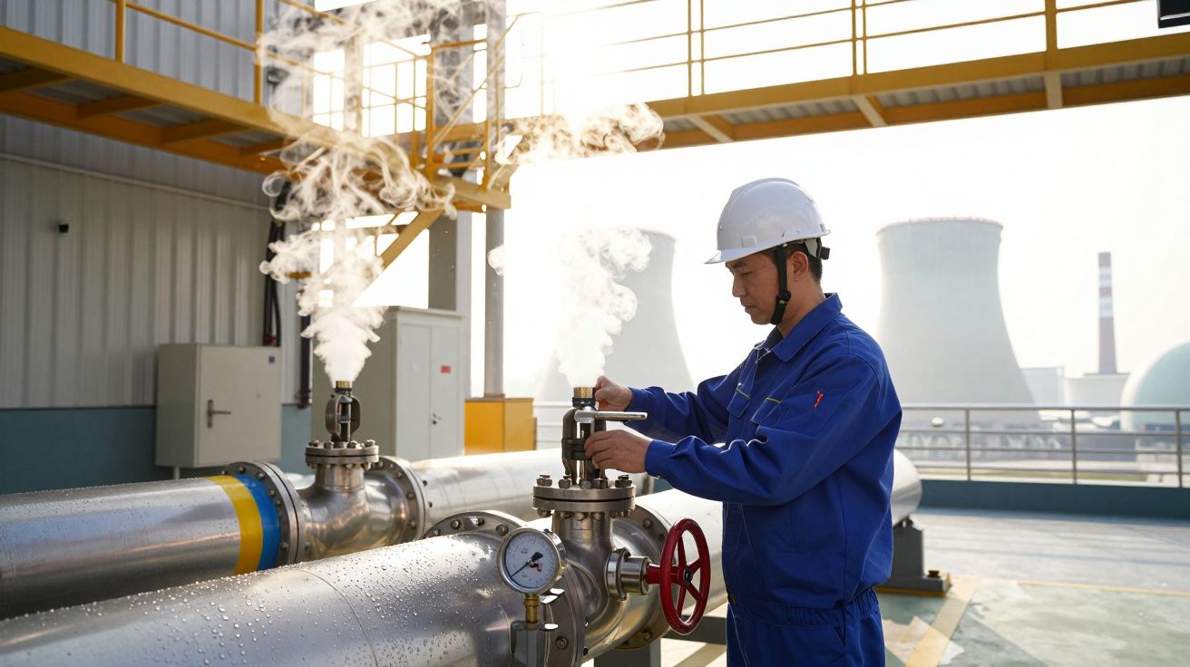 Muncitor controlând supapele conductei de abur într-o uzină industrială. Poartă echipament de protecție.