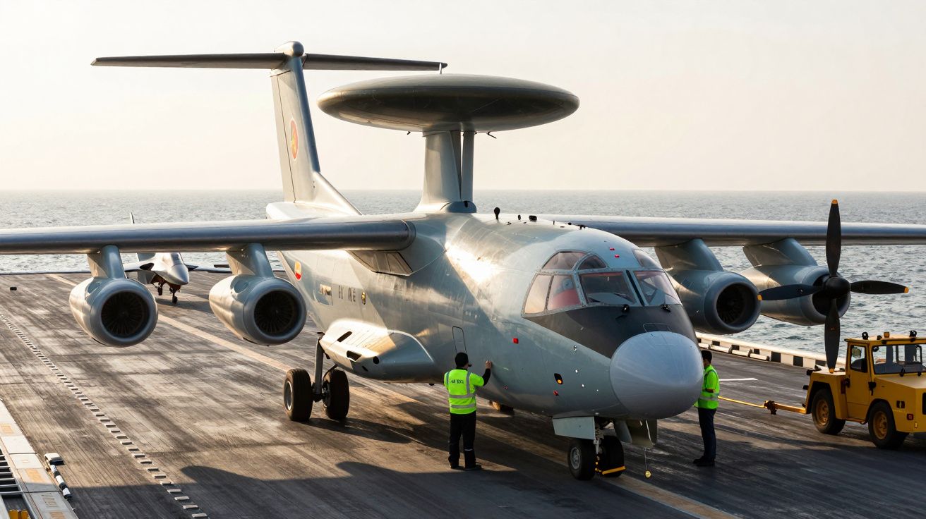 Avion militar cu radom rotund pe un portavion, înconjurat de personal de întreținere, pe fundal de mare.