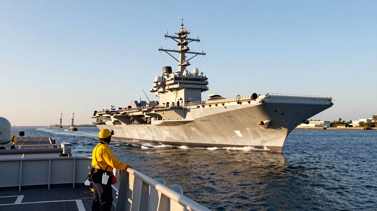 Vas de război mare navigând pe ocean, cu un om în uniformă galbenă pe o altă navă în prim-plan.