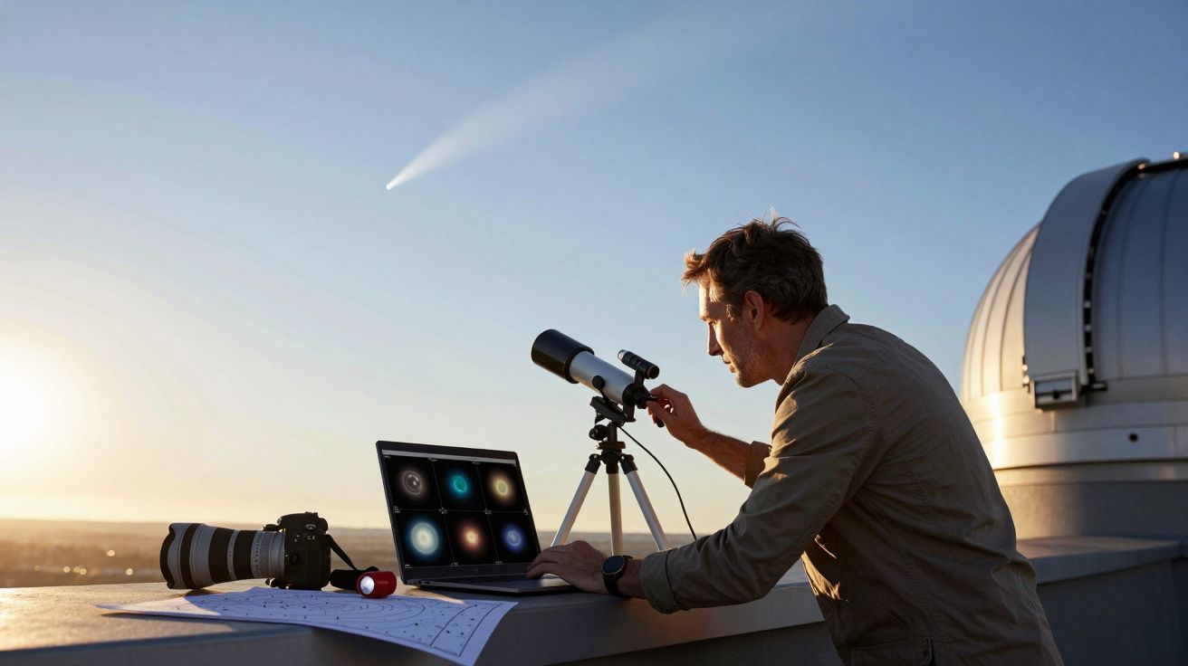 Astronom observând cerul cu telescopul pe un acoperiș la apus, cu laptop și cameră foto alături.