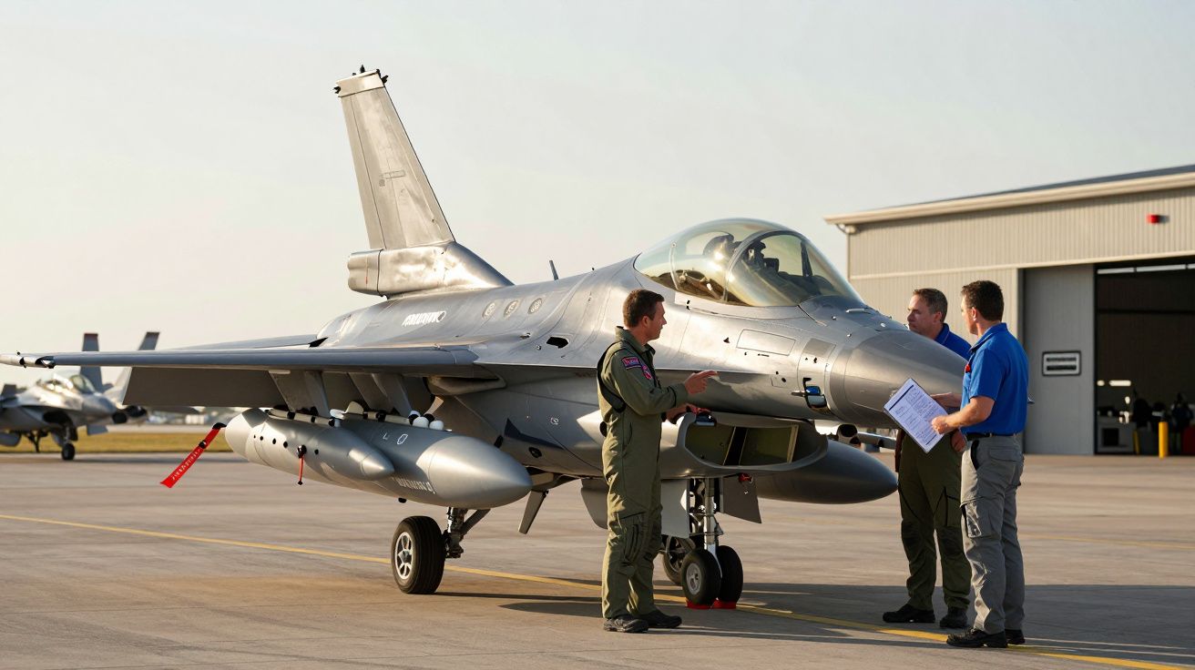 Trei persoane discută lângă un avion de luptă F-16 pe pista unui aerodrom, în fața unui hangar.