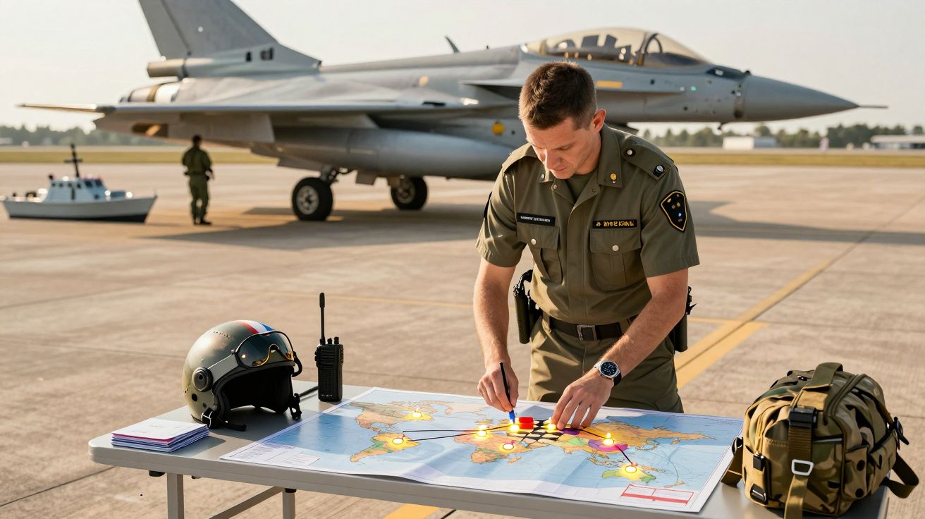 Ofițer în uniformă analizează o hartă pe o masă în fața unui avion de luptă pe pistă.