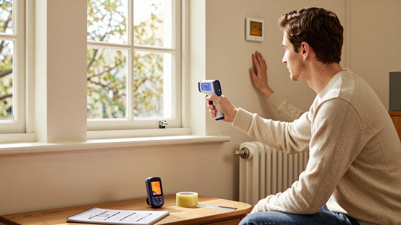 Bărbat măsoară temperatura peretelui cu un dispozitiv termic în apropierea unei ferestre, într-o cameră luminată.