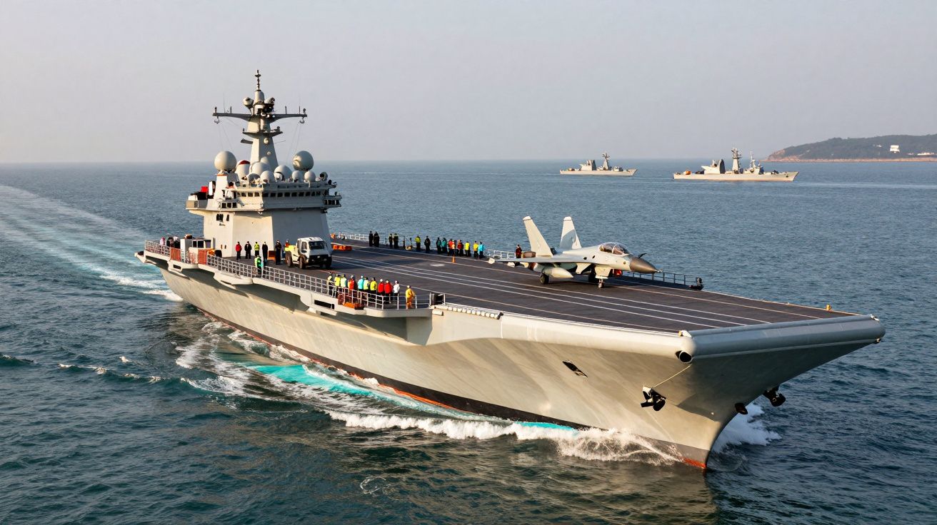 Portavion navigând pe mare cu un avion pe punte și două nave de război în fundal.