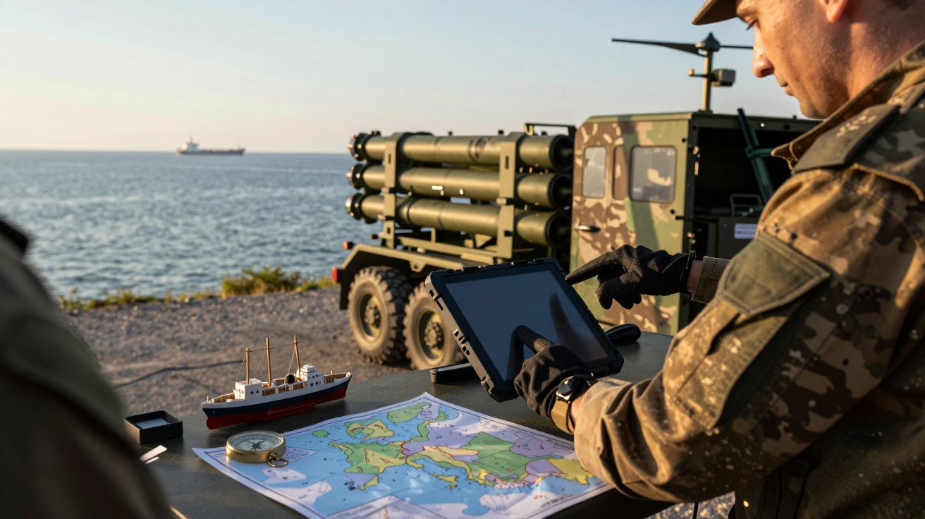 Soldat folosind o tabletă lângă un vehicul militar pe malul mării, cu o hartă și o busolă pe masă.