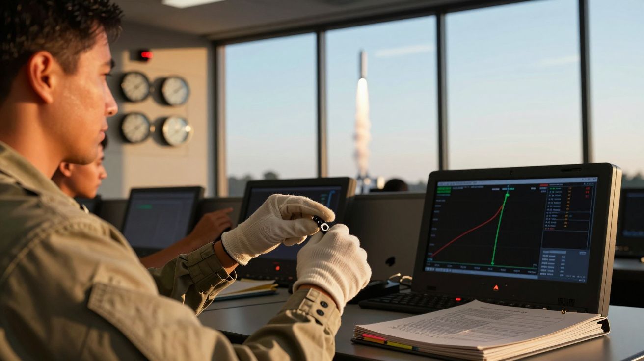 Bărbat în sala de control urmărind lansarea unei rachete pe monitor, cu grafic pe ecran și racheta vizibilă prin fereastră.