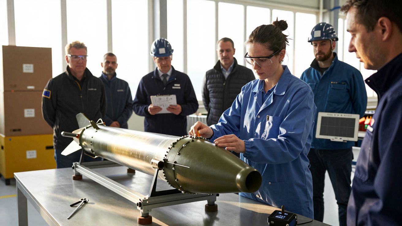 O femeie în echipament de protecție inspectează un proiectil pe o masă, înconjurată de bărbați în salopete.