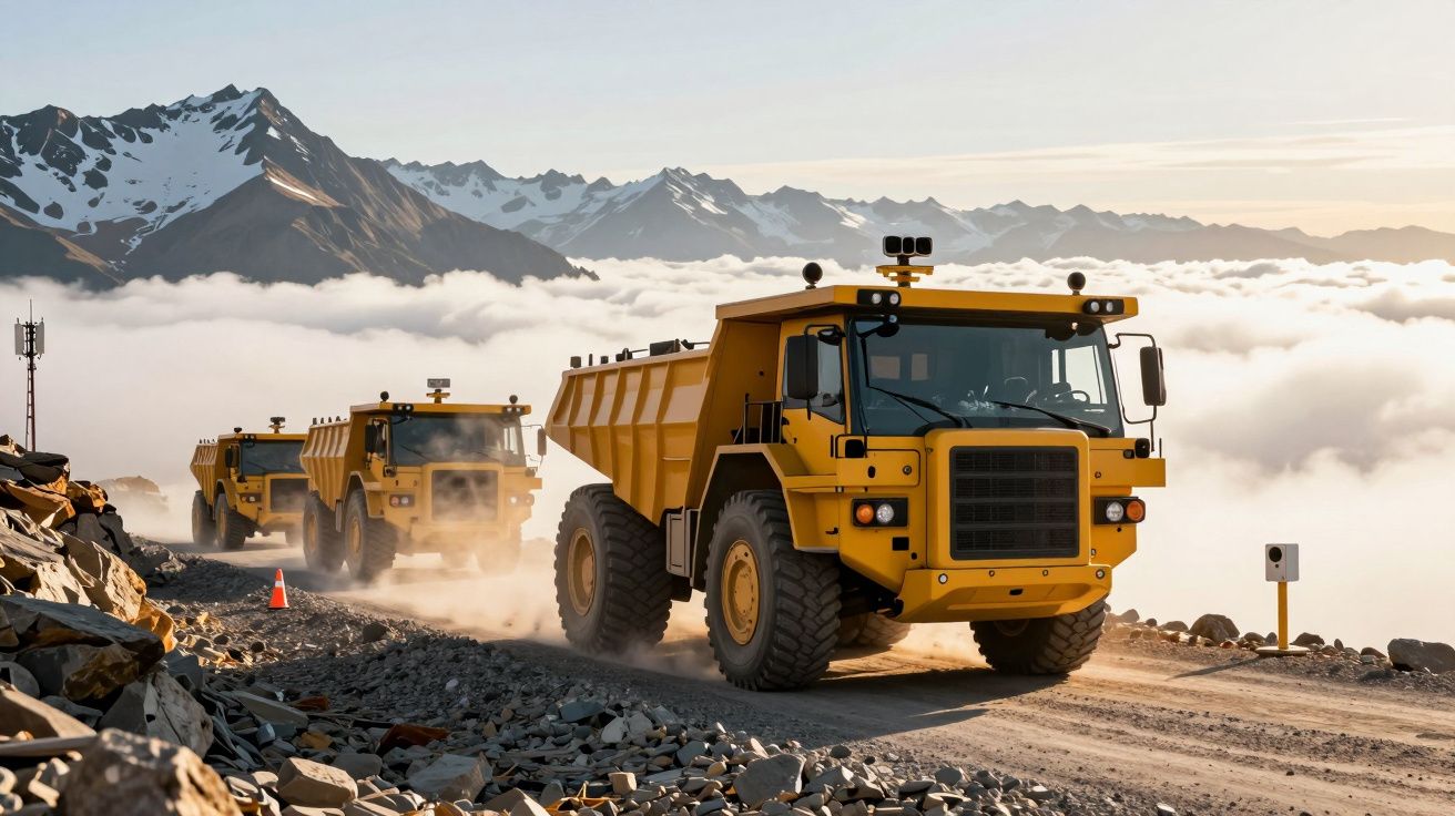 Camioane galbene pe un drum de munte cu nori și munți în fundal, într-un peisaj spectaculos.