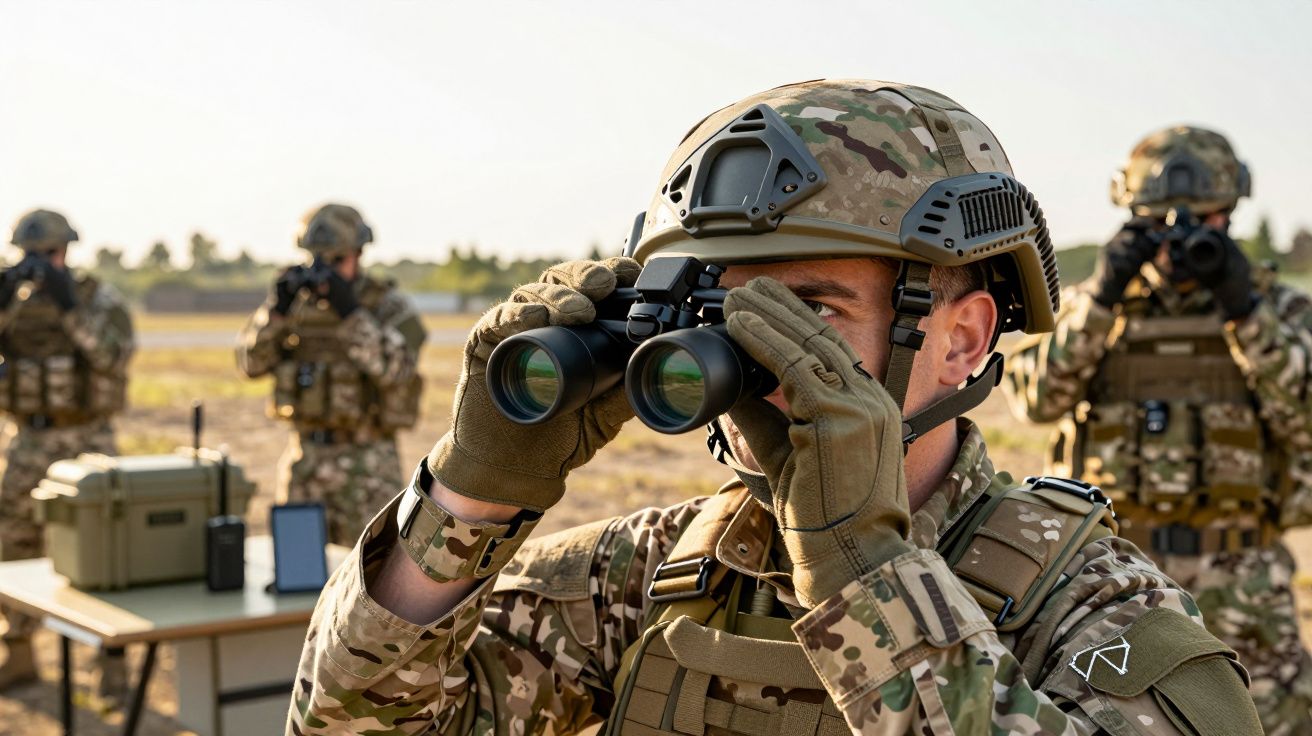 Soldat în uniformă camuflată folosește binoclul, alt soldat în fundal; echipament de comunicații pe masă.