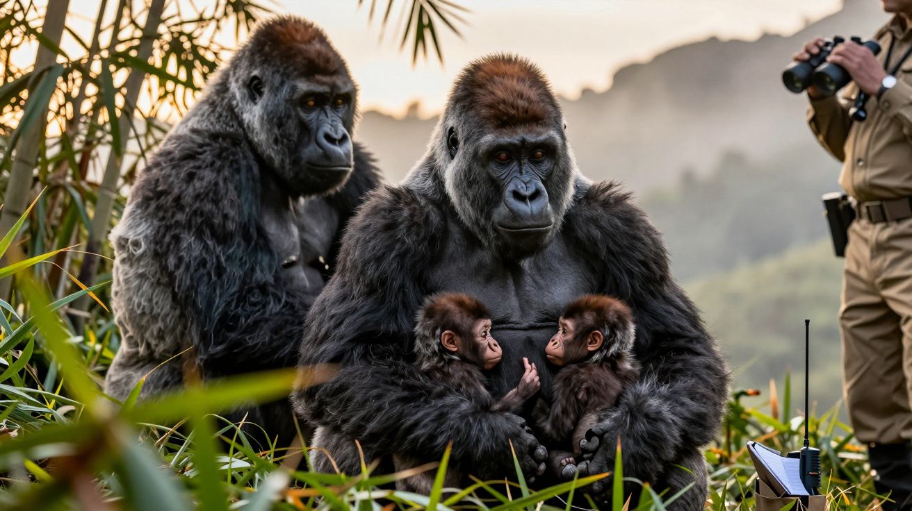 Gorile în habitat natural cu doi pui. Observator cu binoclu și walkie-talkie în fundal.