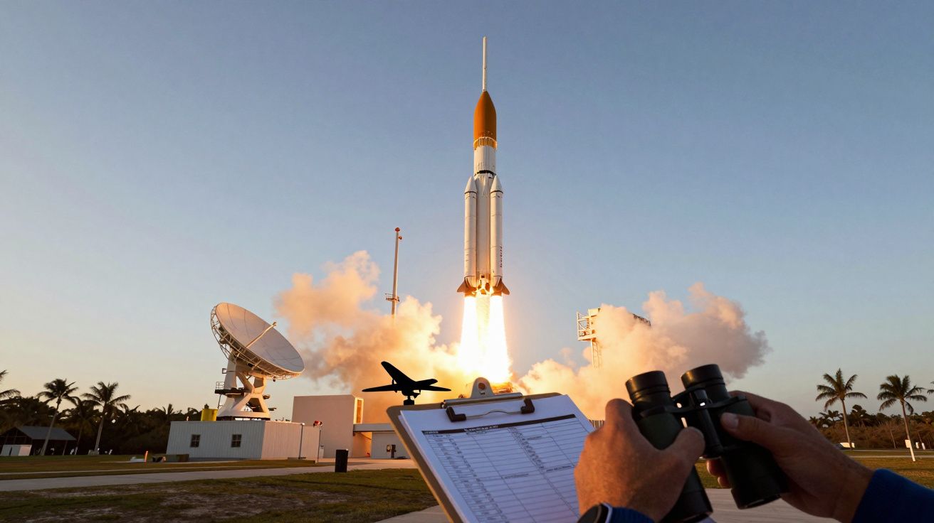 Rachetă decolând, cu un clipboard și binoclu în prim-plan, în fața unui cer senin și a unei antene parabolice.