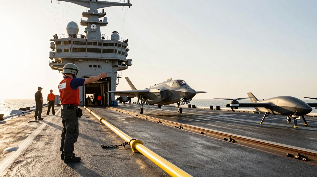 Navă militară cu avioane de luptă pe punte, echipaj în acțiune sub un cer senin.