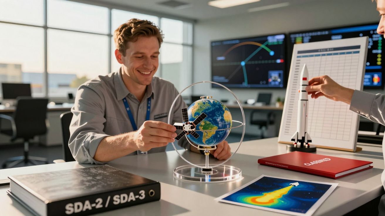 Bărbat zâmbitor în birou, manipulează un model de satelit lângă un glob pământesc și o machetă de rachetă.