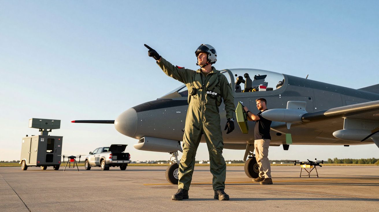 Pilot în uniformă indicând direcția, lângă un avion pe pistă, cu un tehnician verificând echipamentul.