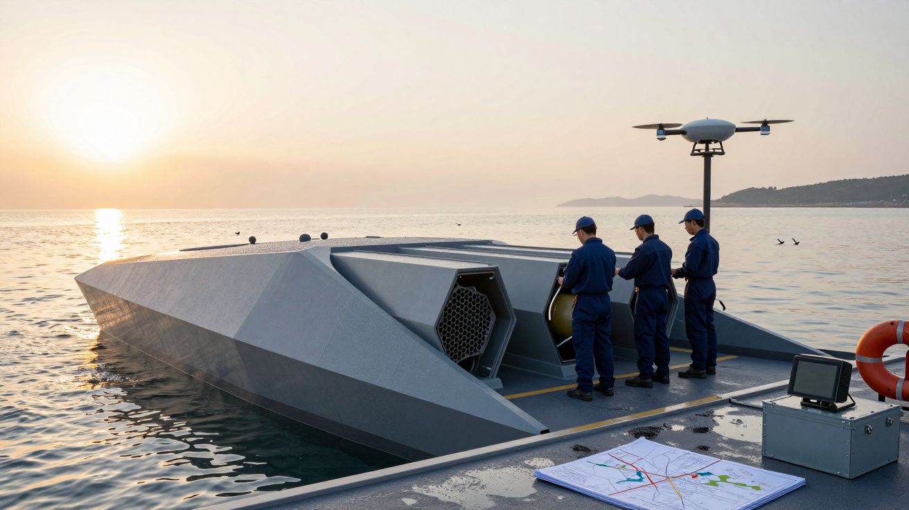 Trei persoane într-o uniformă albastră lângă o ambarcațiune futuristă pe mare, la apus, cu o dronă zburând deasupra.