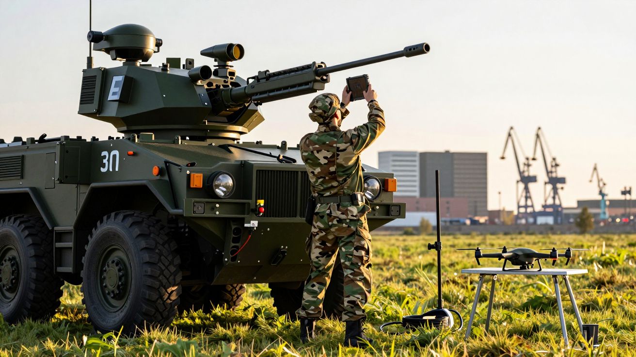Soldat operând un vehicul blindat și un dron, cu macarale pe fundal, pe un câmp dimineața.