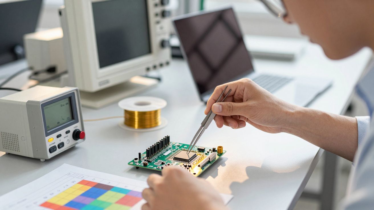 Persoană lucrând la o placă de circuit electronic cu ajutorul uneltelor de precizie într-un laborator tehnic.