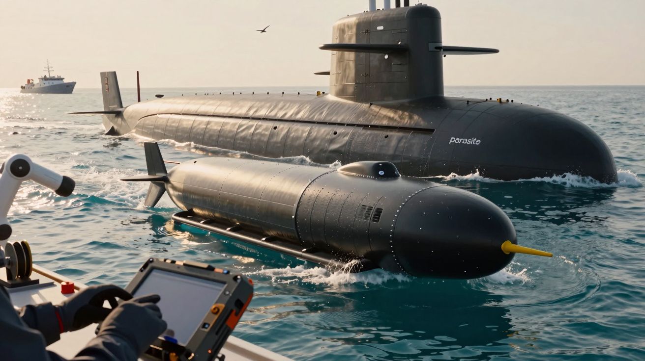 Submarin mare și mic navigând pe mare, controlat de la distanță de o persoană; navă pe fundal.