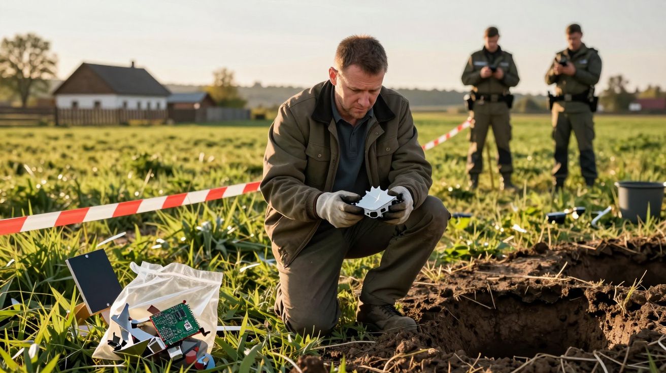 Un bărbat examinează dovezi într-un câmp, flancat de ofițeri de poliție în fundal, lângă o groapă săpată.
