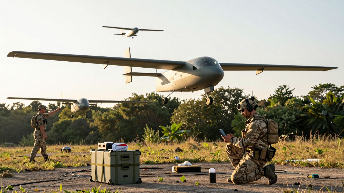 Militari operând drone în aer liber, cu echipament tehnic pe sol. Două drone zboară deasupra în fundal.
