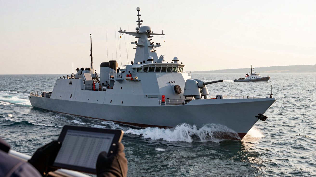 Navă de război modernă navigând pe mare, cu o navă mai mică în fundal. Persoană ținând o tabletă în prim-plan.