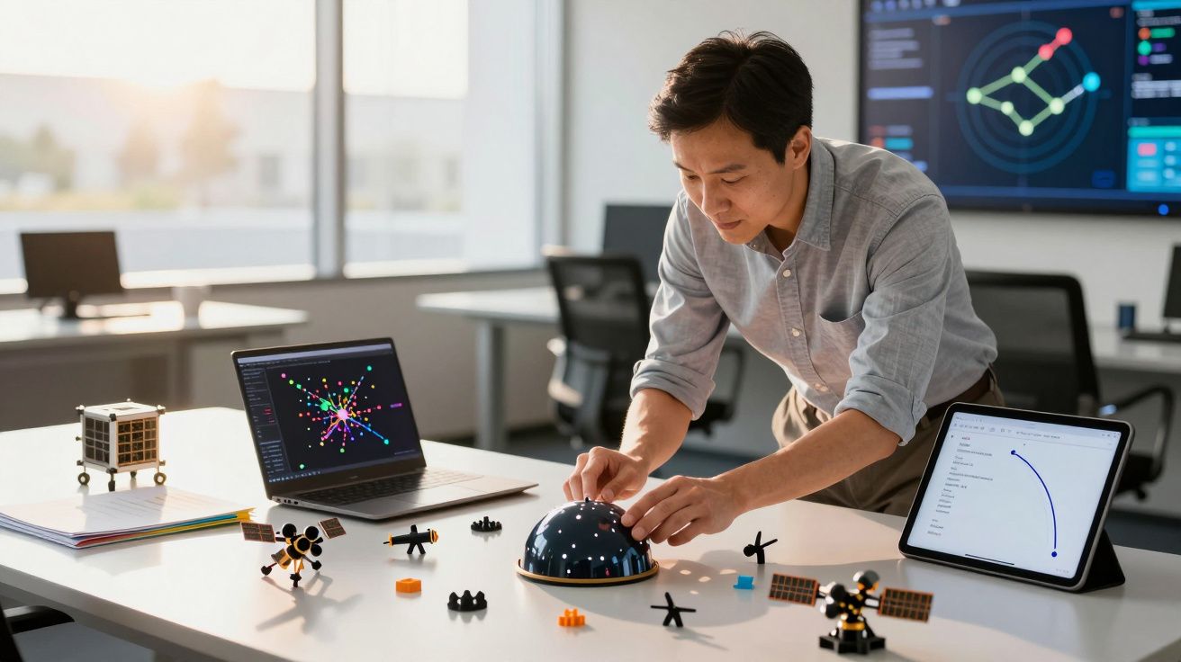 Bărbat lucrând cu modele și un laptop la o stație de lucru, analizând date vizuale pe ecrane în fundal.