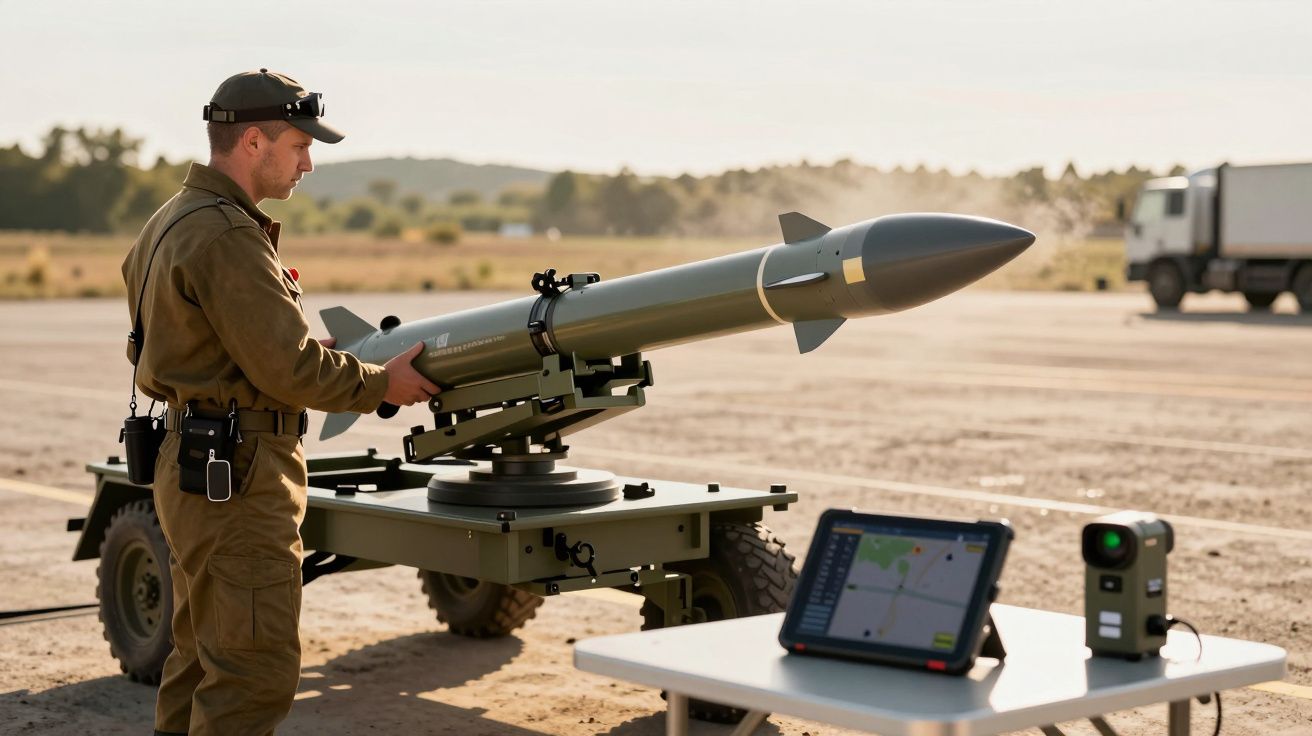 Bărbat în uniformă militară lângă un lansator de rachete pe un câmp, cu echipament electronic alături.