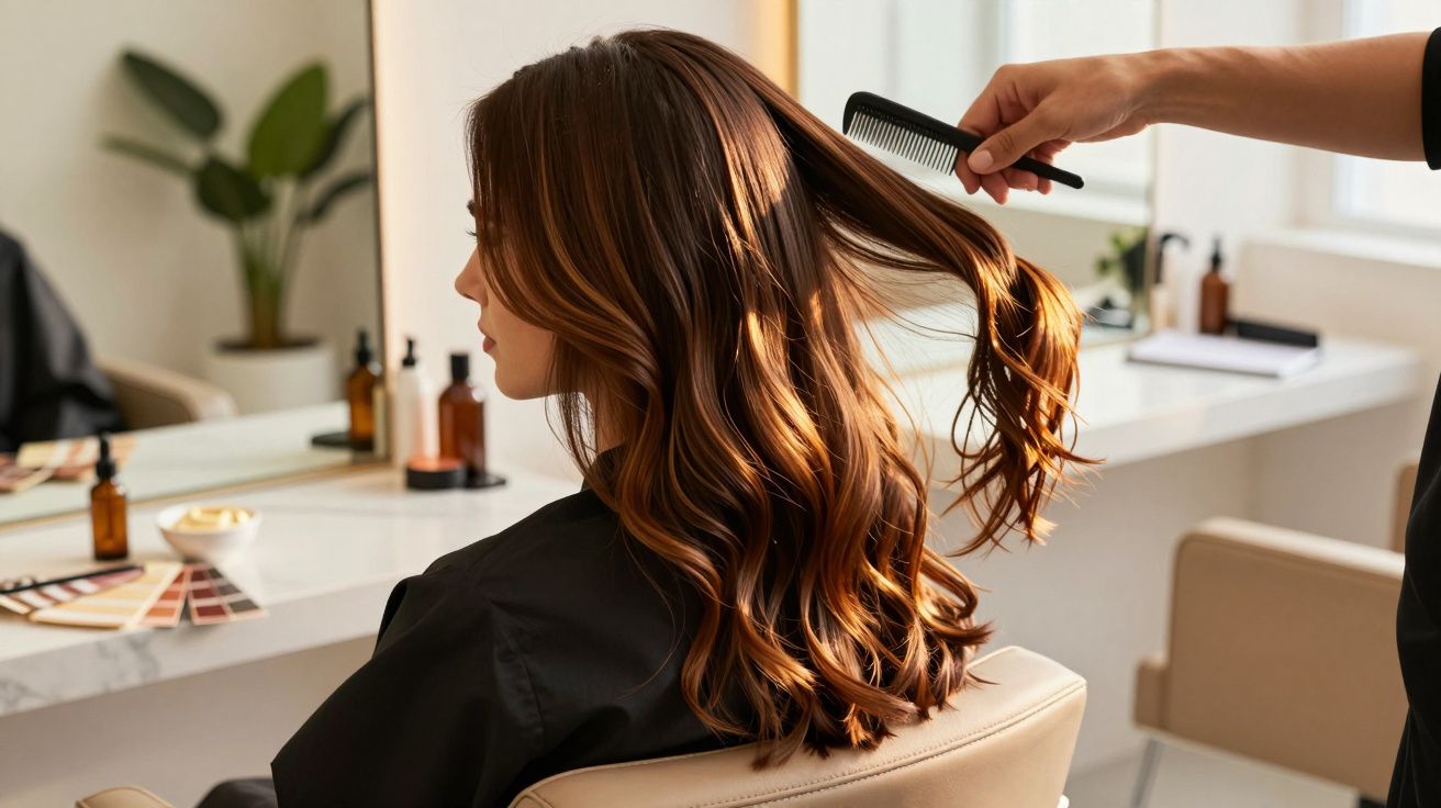 Femeie cu păr ondulat, brunet, coafat într-un salon, pieptănată de un stilist.