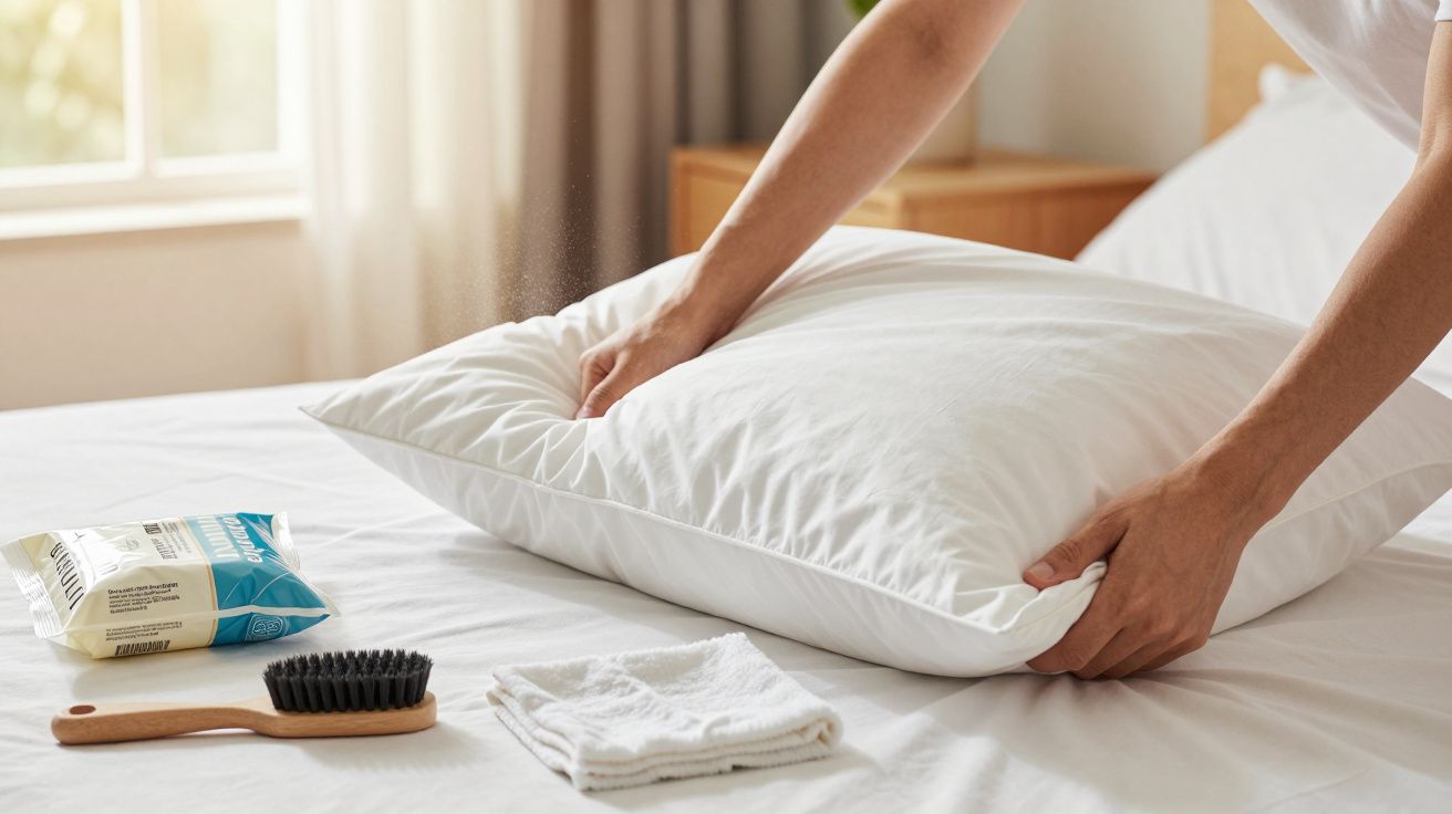 Persoană aranjând o pernă albă pe pat, cu perie, șervețel și prosop pe lenjeria de pat.