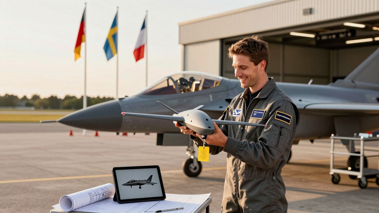 Pilot în fața unui hangar cu un avion de vânătoare în fundal, ținând o dronă și zâmbind.
