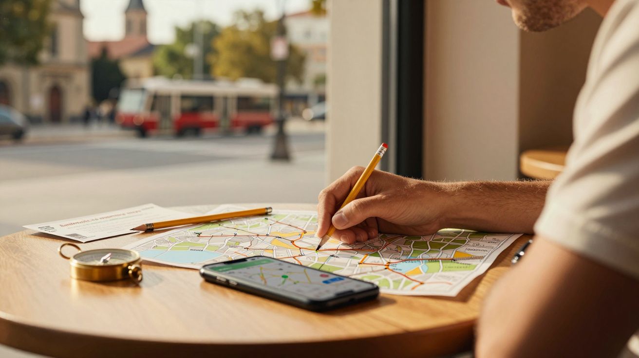 Persoană scrie pe o hartă la o masă cu un compas și un telefon; autobuz și clădiri în fundal.