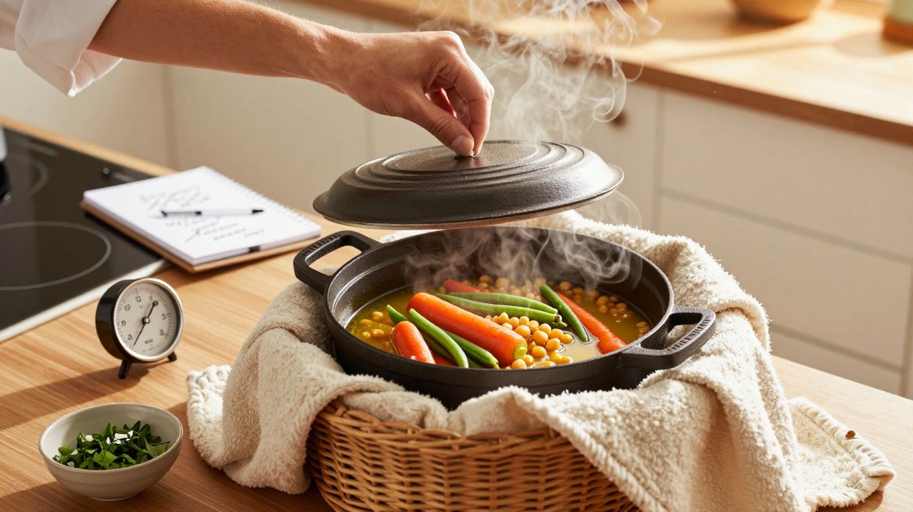 O mână ridică capacul unei oale cu legume aburinde, pe un blat de bucătărie, lângă o ceasornică și un bol mic.