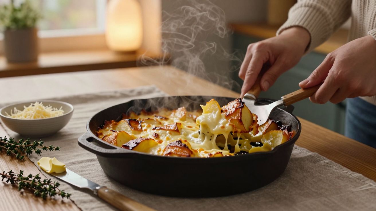 Caserolă de cartofi gratinați cu brânză topită, aburindă, fiind servită cu o lingură într-o tigaie neagră.