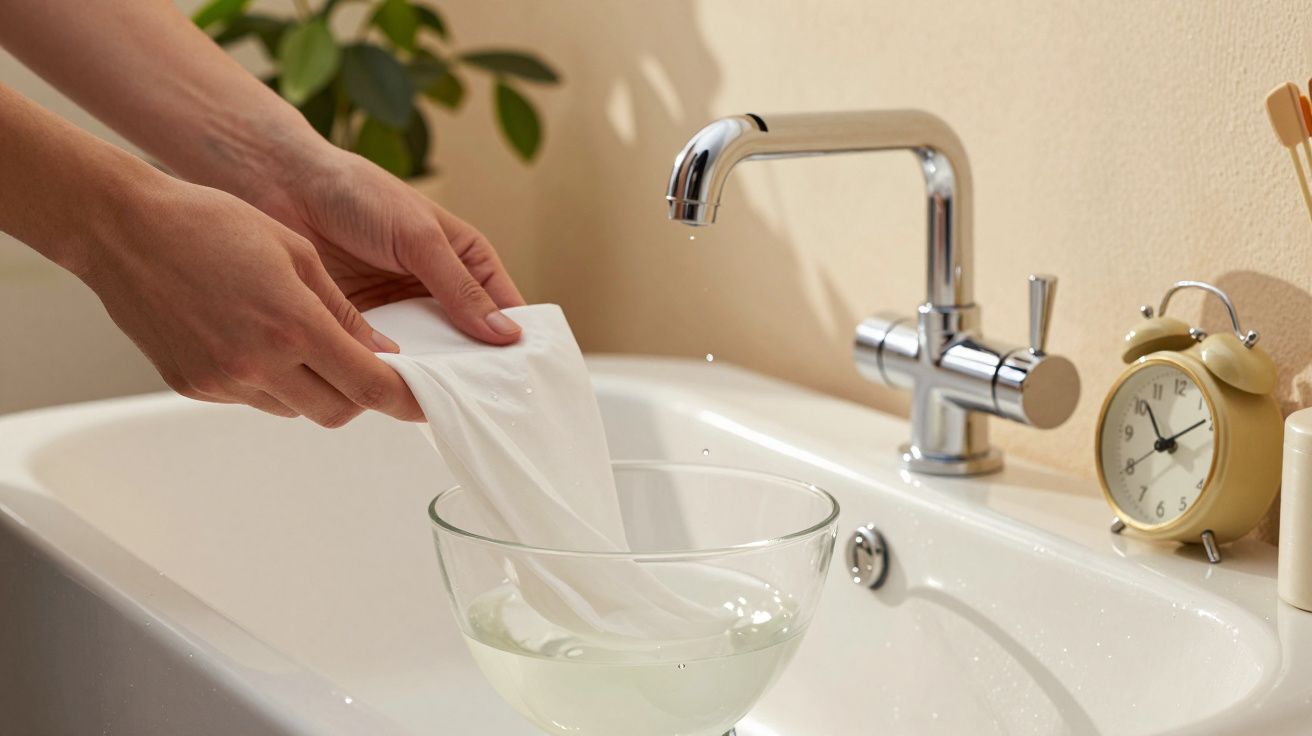 Mâini spălând un prosop alb într-un bol cu apă, lângă un robinet cromat și un ceas pe chiuvetă.