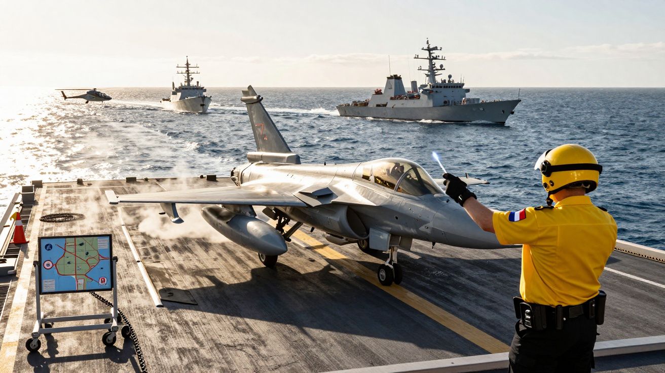 Avion pe puntea unui portavion, coordonator semnalizând decolarea; nave și elicopter pe mare la orizont.