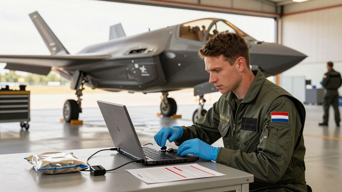 Un tehnician în uniformă verifică un laptop lângă un avion de vânătoare în hangar.
