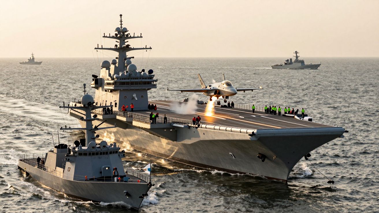 Portavion mare pe mare, cu un avion de vânătoare decolând și nave în fundal, sub un cer senin.