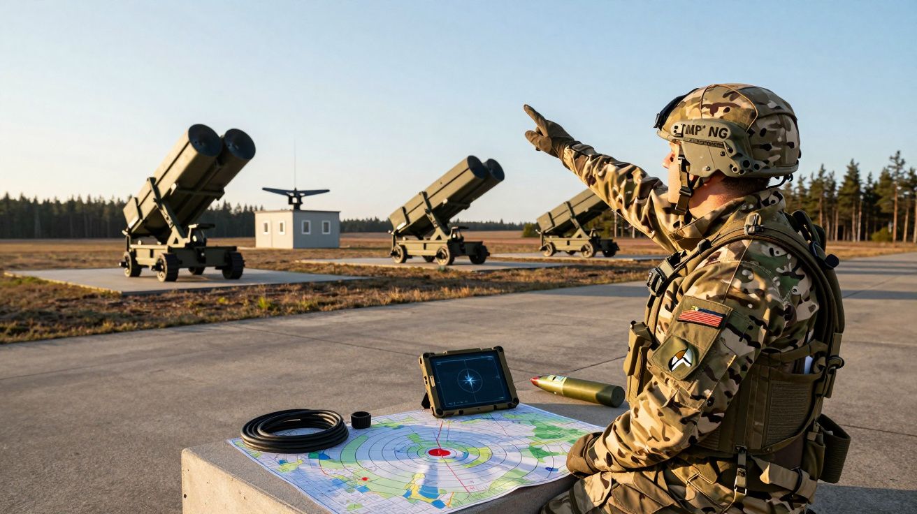 Soldat în uniformă de camuflaj gesticulează către lansatoare de rachete pe un câmp deschis, cu o hartă în față.