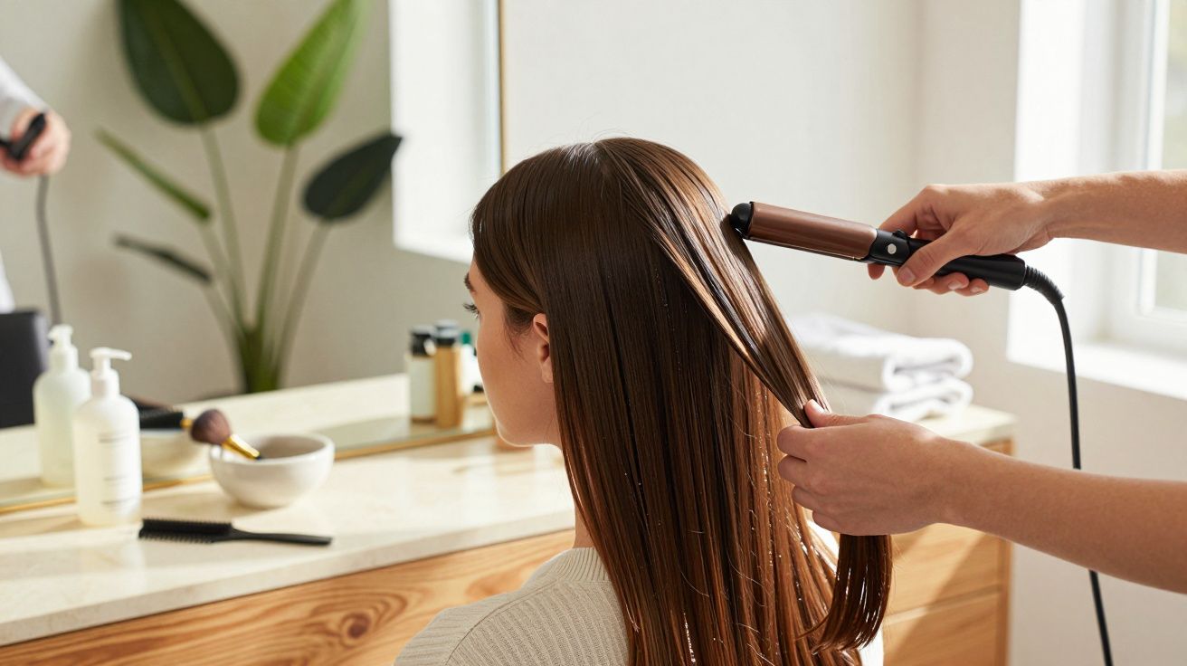 Persoană stilizând părul unei femei cu un aparat de îndreptat, în fața unei oglinzi într-un salon spațios.