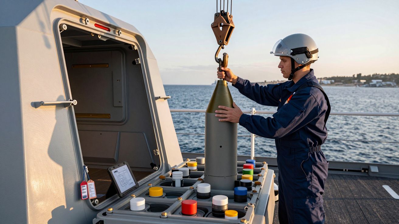 Muncitor pe navă manevrând un proiectil cu o macara, lângă un compartiment de transport pe mare deschis.