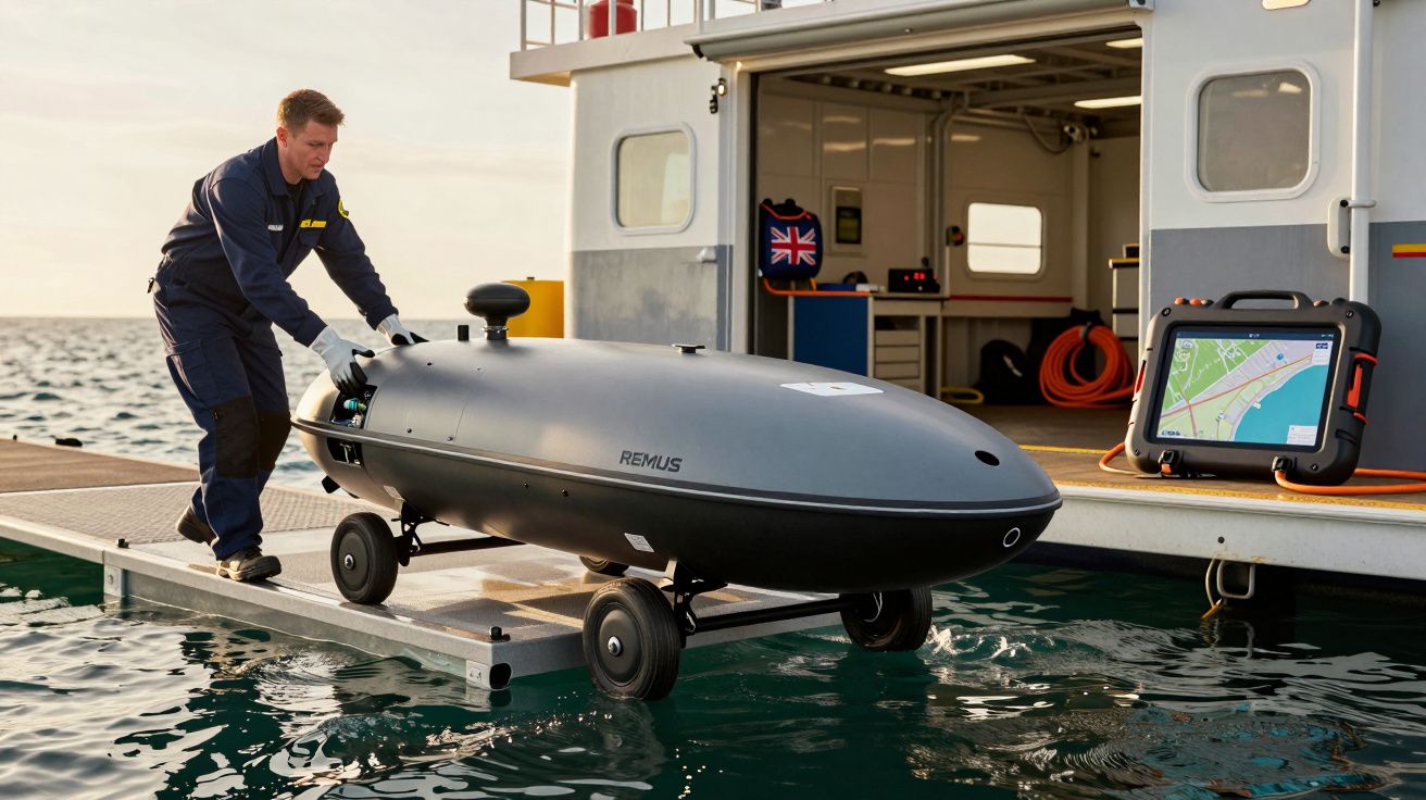 Bărbat manevrează un robot subacvatic pe o rampă de pe o ambarcațiune într-un peisaj maritim.