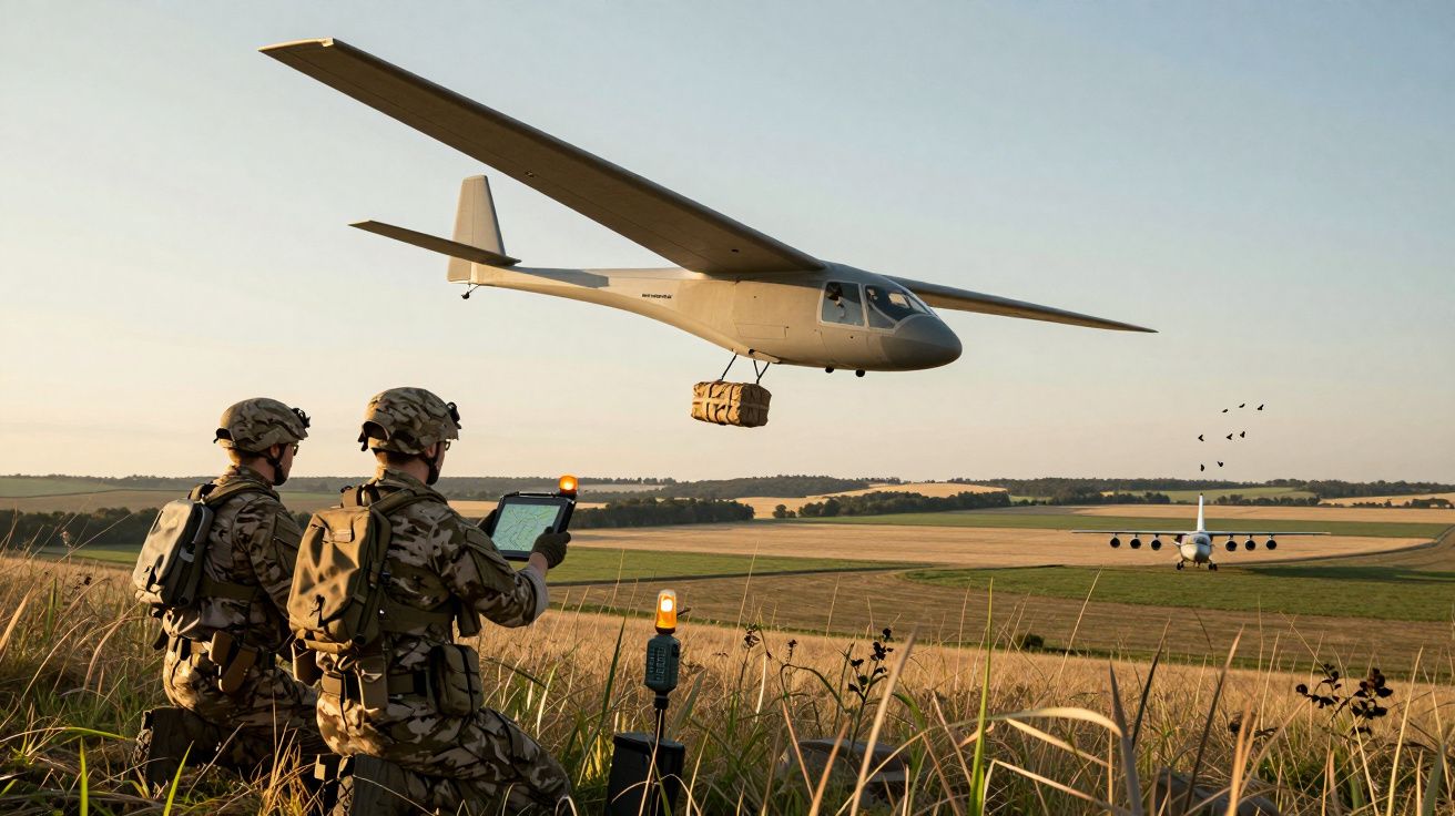 Doi soldați operând o dronă militară care livrează provizii într-un câmp deschis.