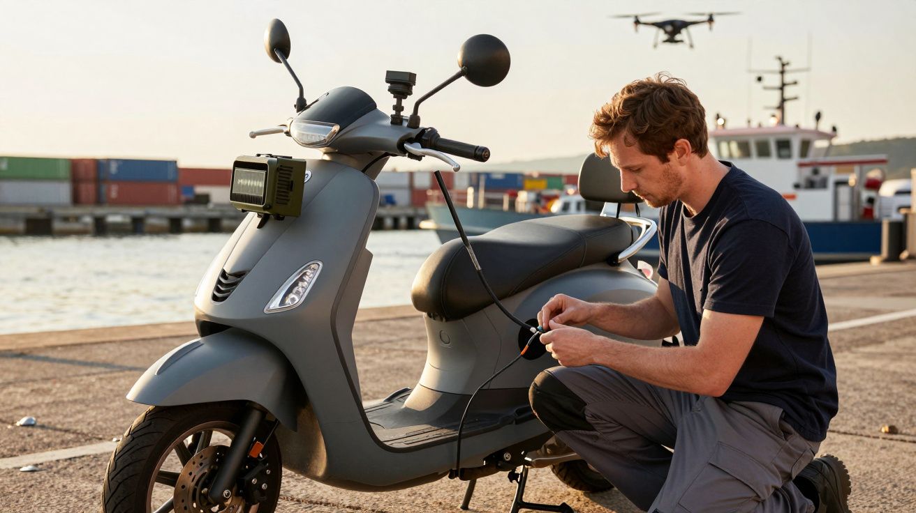 Bărbat conectând o dronă la un scuter electric pe un doc, cu un vas și containere în fundal.