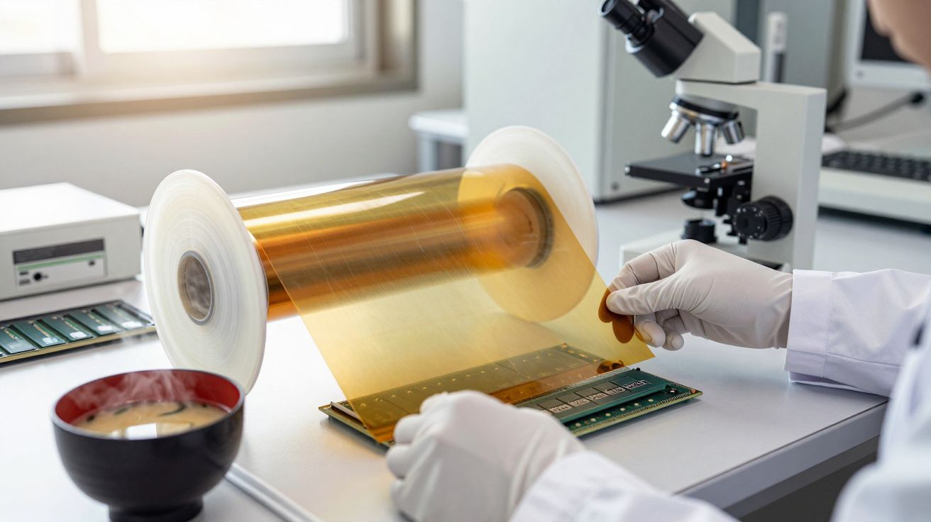 Cercetător în halat alb și mănuși examinează un ecran flexibil cu ajutorul unui microscop pe un birou de laborator.