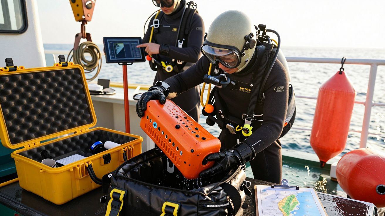 Scafandri pe o barcă pregătesc echipamente pentru o expediție subacvatică, cu hartă și echipament de scufundat.