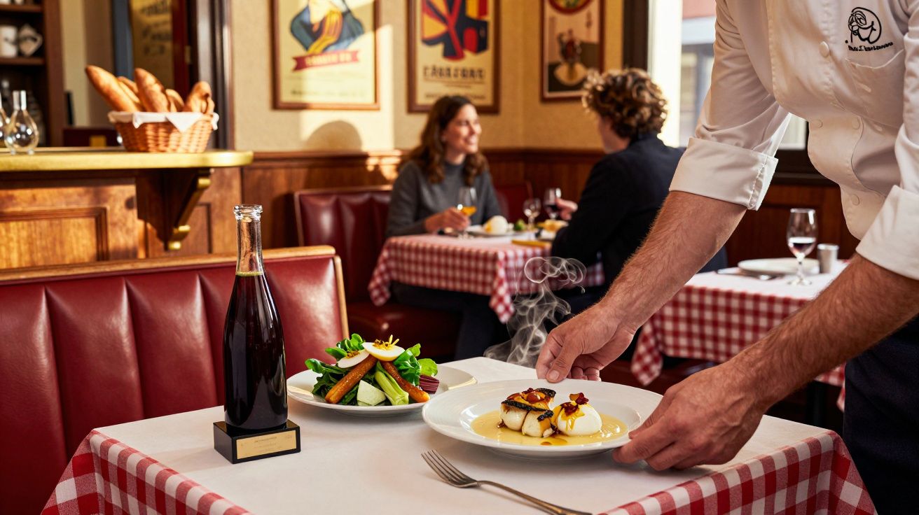 Chelios oferă două farfurii cu mâncare gourmet pe masă, lângă o sticlă de vin într-un restaurant elegant.