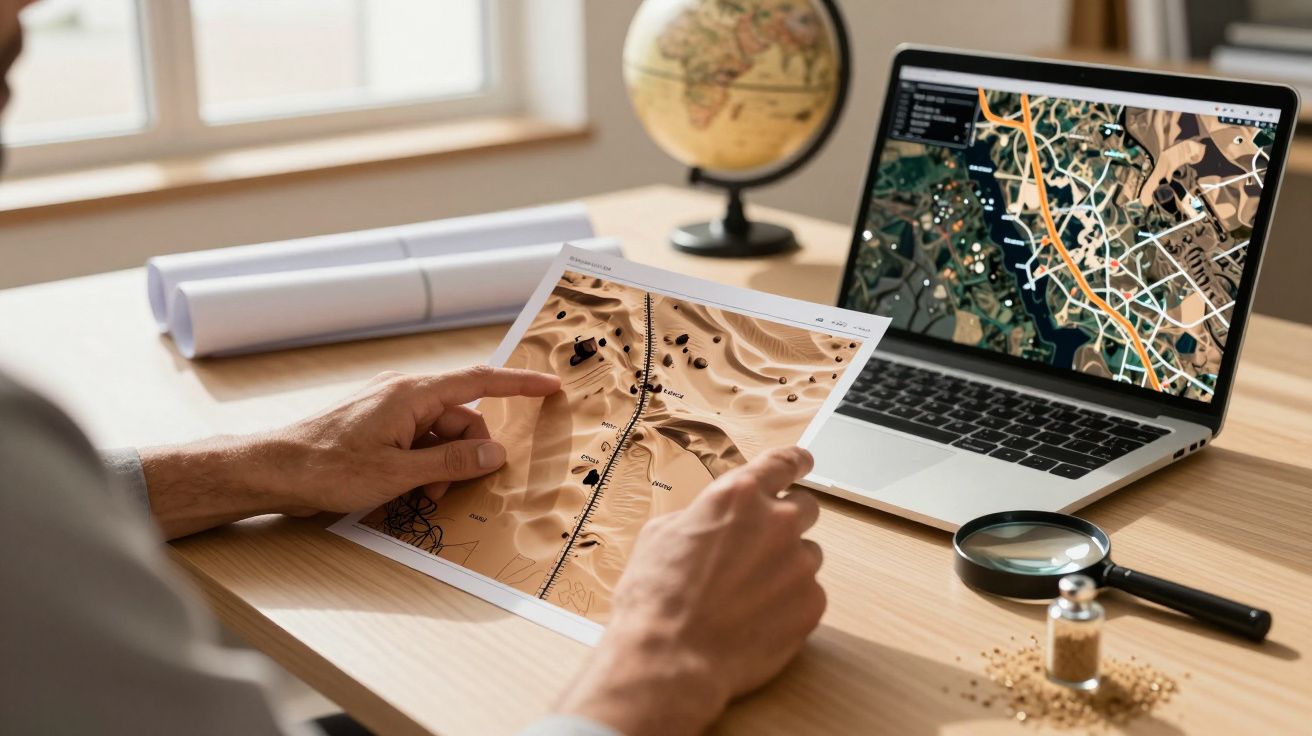 Persoană analizând hărți topografice pe hârtie și laptop, cu lupă și glob terestru pe birou.