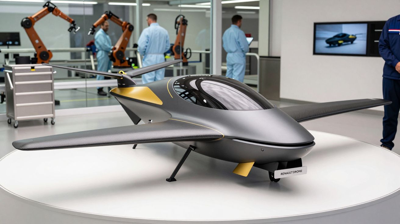 Aeronavă futuristă pe stand în expoziție, cu brațe robotice și persoane în halate albastre în fundal.