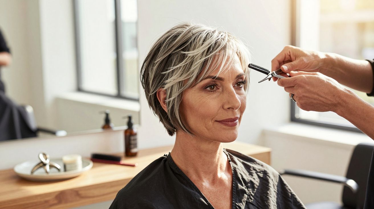 Femeie cu păr scurt gri argintiu, stând într-un salon de coafură, în timp ce un stilist îi aranjează părul.