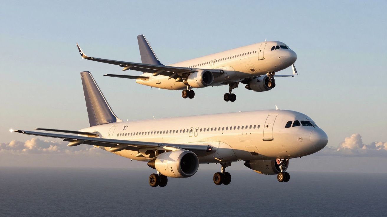 Două avioane comerciale mari zburând aproape unul de altul într-un cer senin, deasupra norilor.